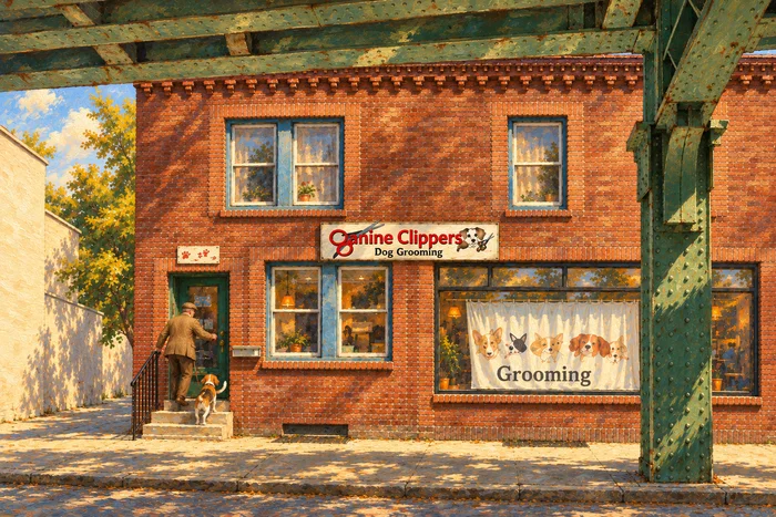 Painted illustration of the Canine Clippers storefront on Cresson Street